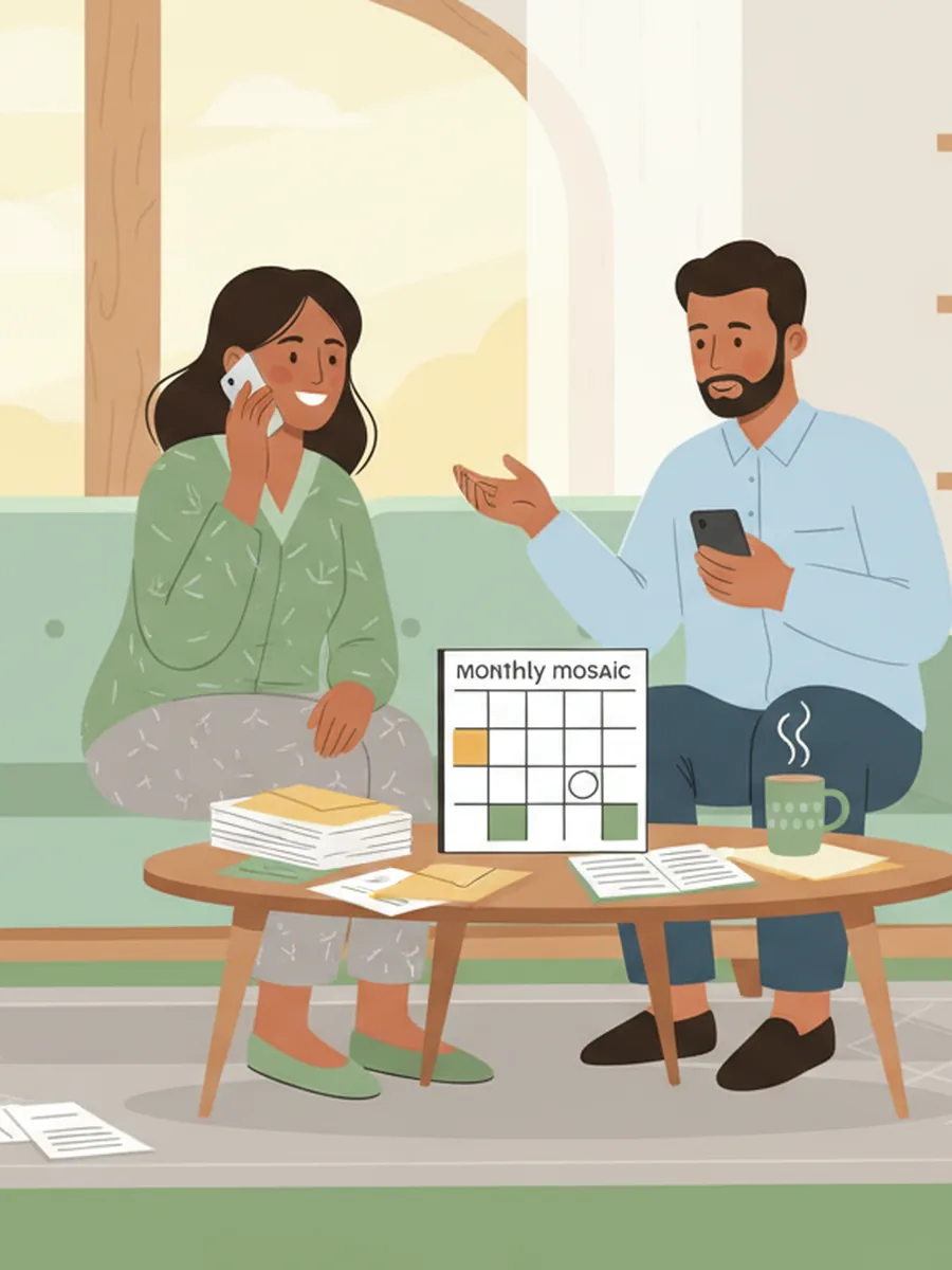 Une personne chez elle, au téléphone, près de documents du foyer.